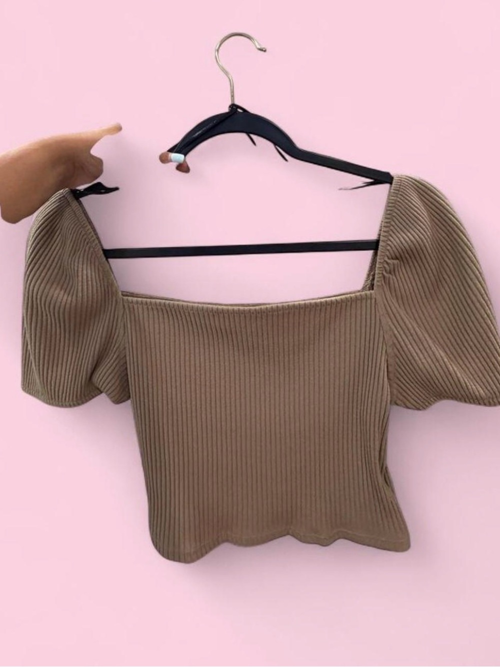 H&M Ribbed Puff Sleeve Square Neck Crop Top in Tan